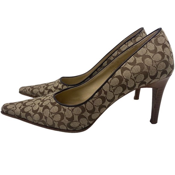 Coach Shawna US 7.5 Mini Signature C Canvas Pointed Toe Heels Pumps Italy Brown - Picture 7 of 10